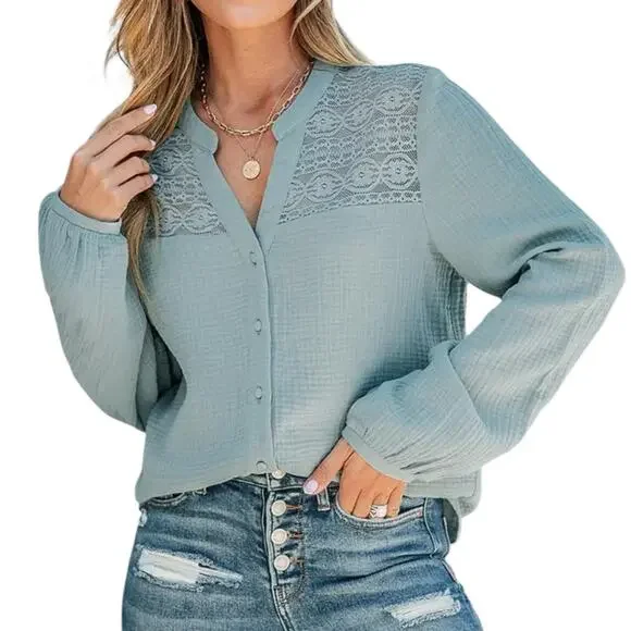 NWT CUPSHE Floral Lace Gauze Button Front Shirt Size XS - Picture 2 of 9